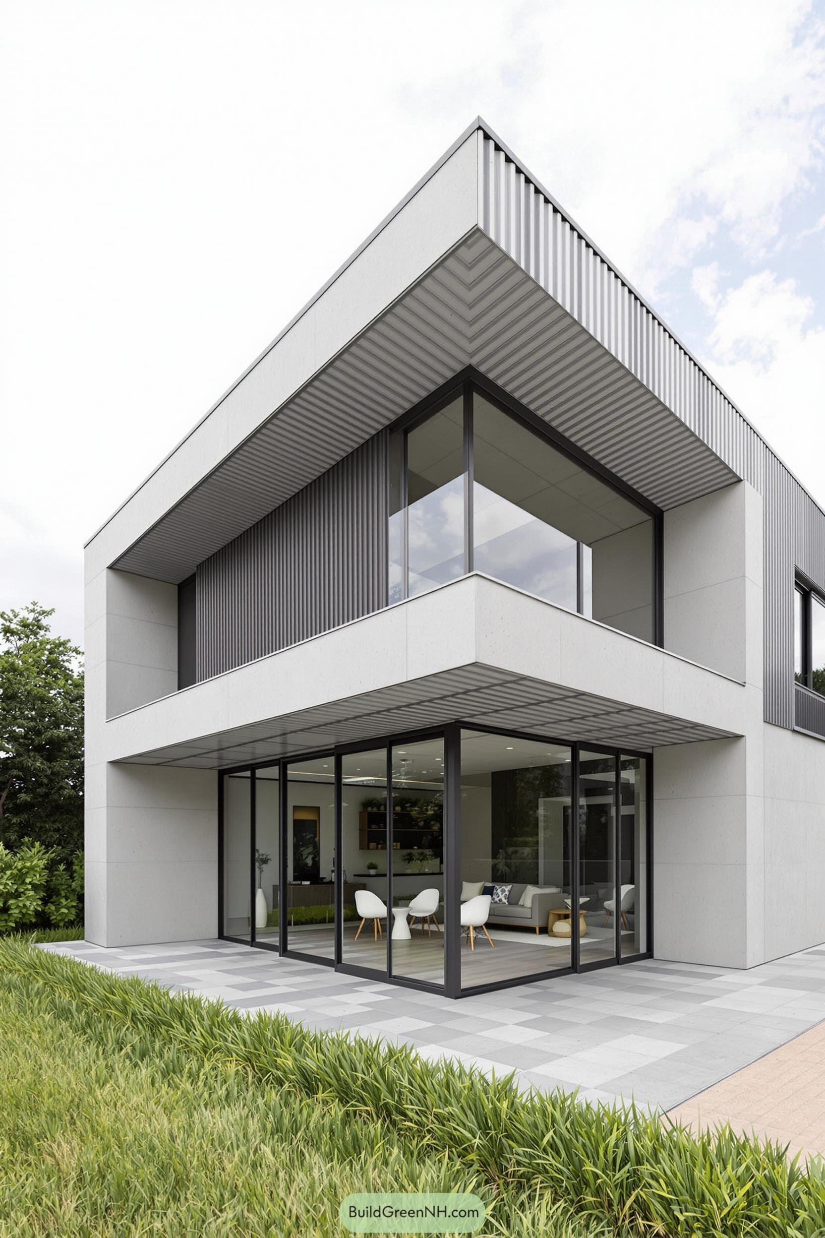 Modern industrial house with large windows and a sleek design