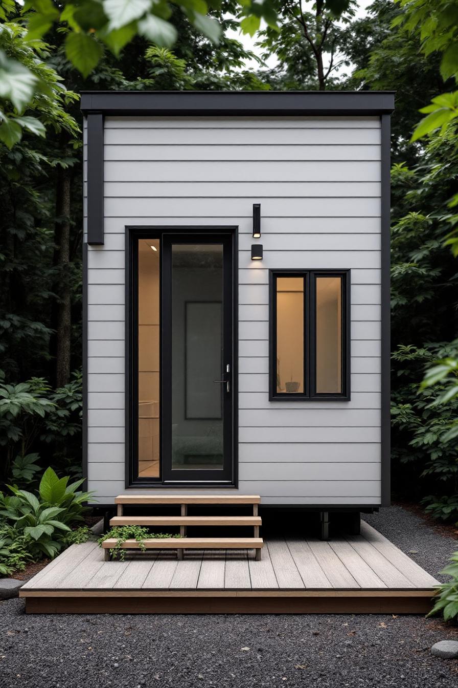 Compact modern house with wooden steps and large window