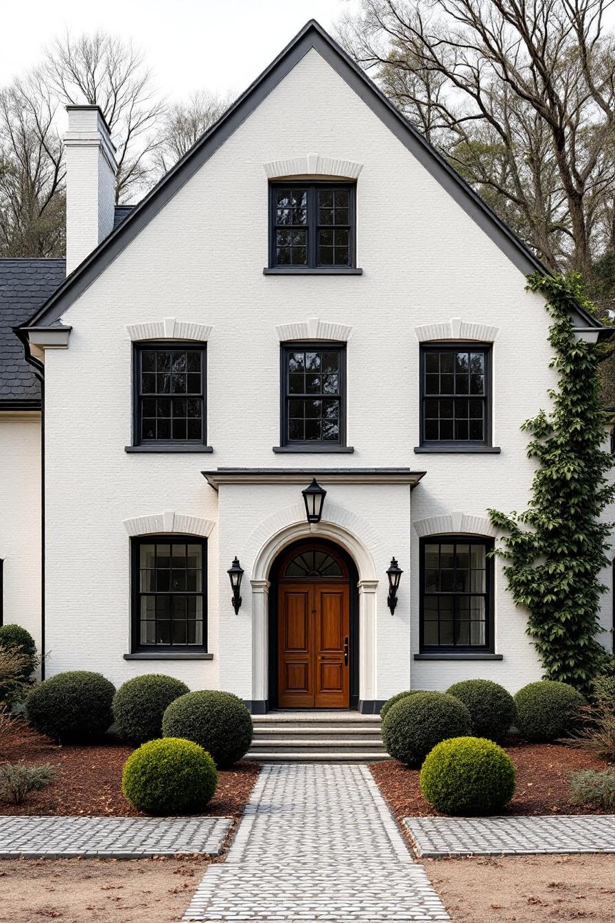 White brick house with black-framed windows and arched wooden door