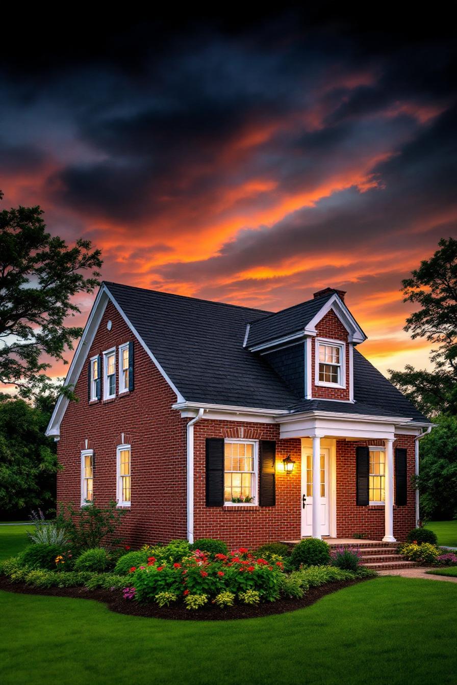 Red brick house with white trim under a vibrant sunset