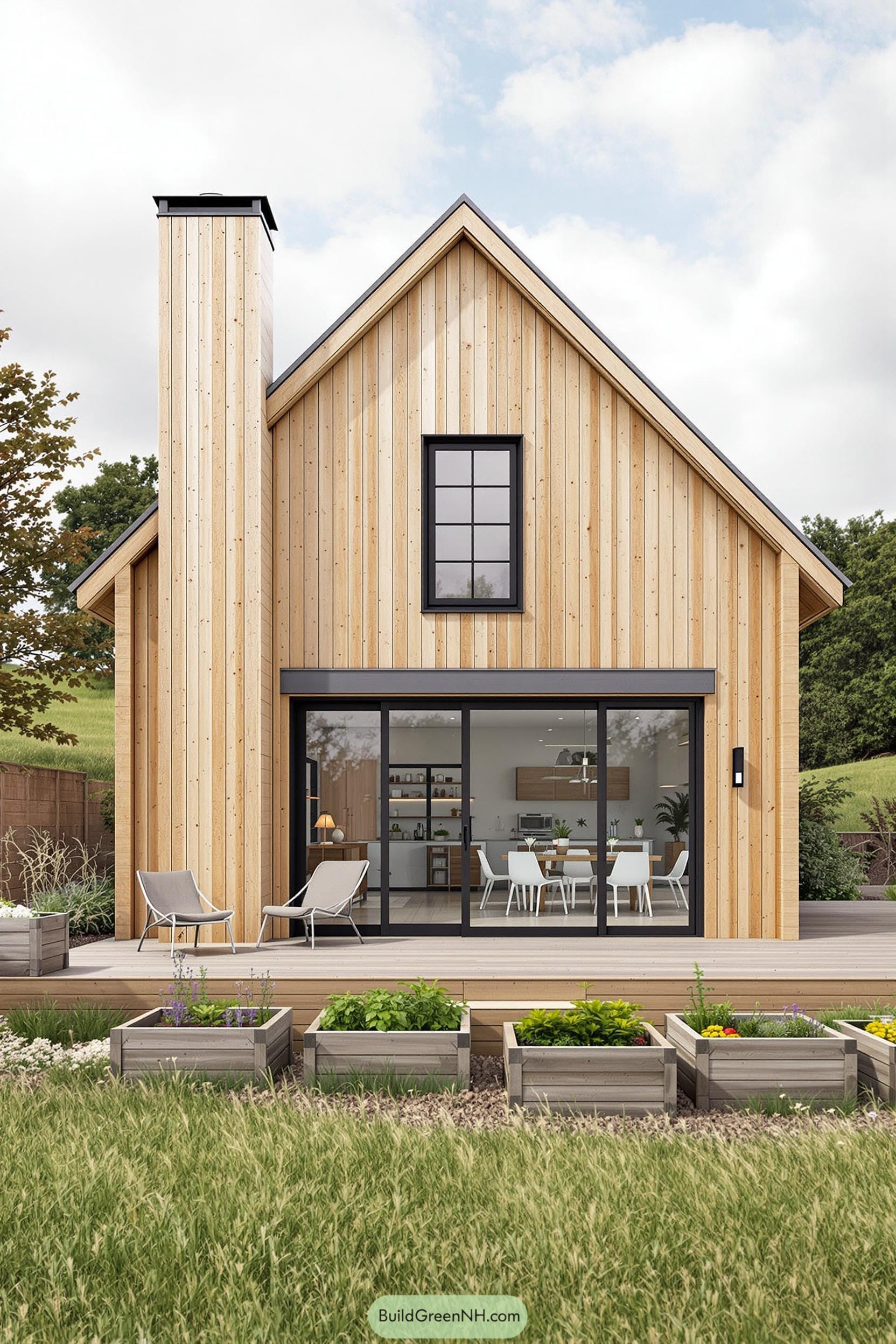 Wooden barn house with sliding glass doors and garden boxes