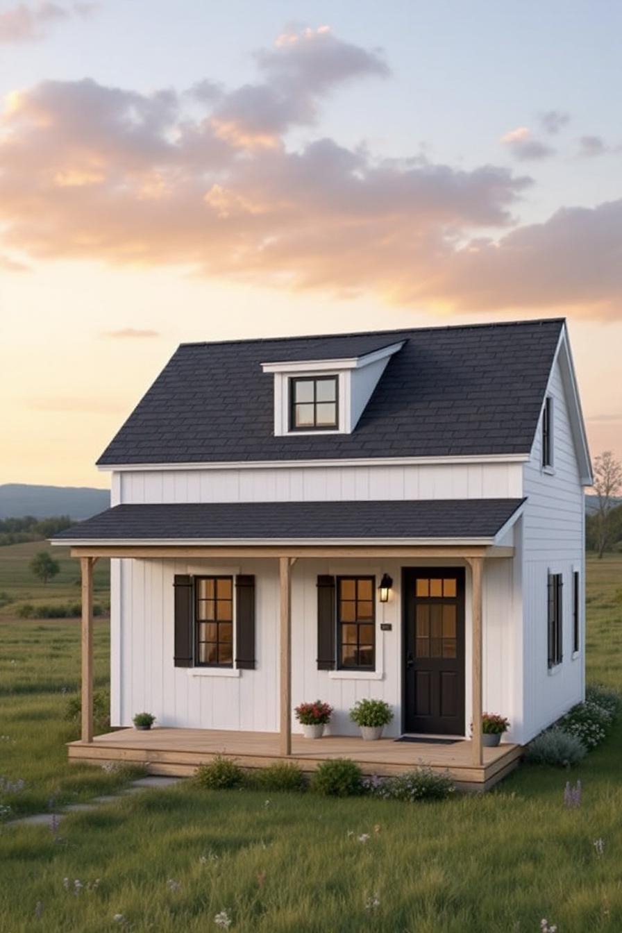 Small white country house with a porch at sunset