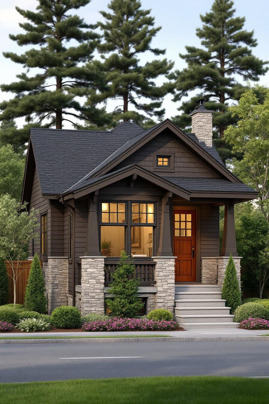 Craftsman bungalow with a welcoming front porch surrounded by greenery