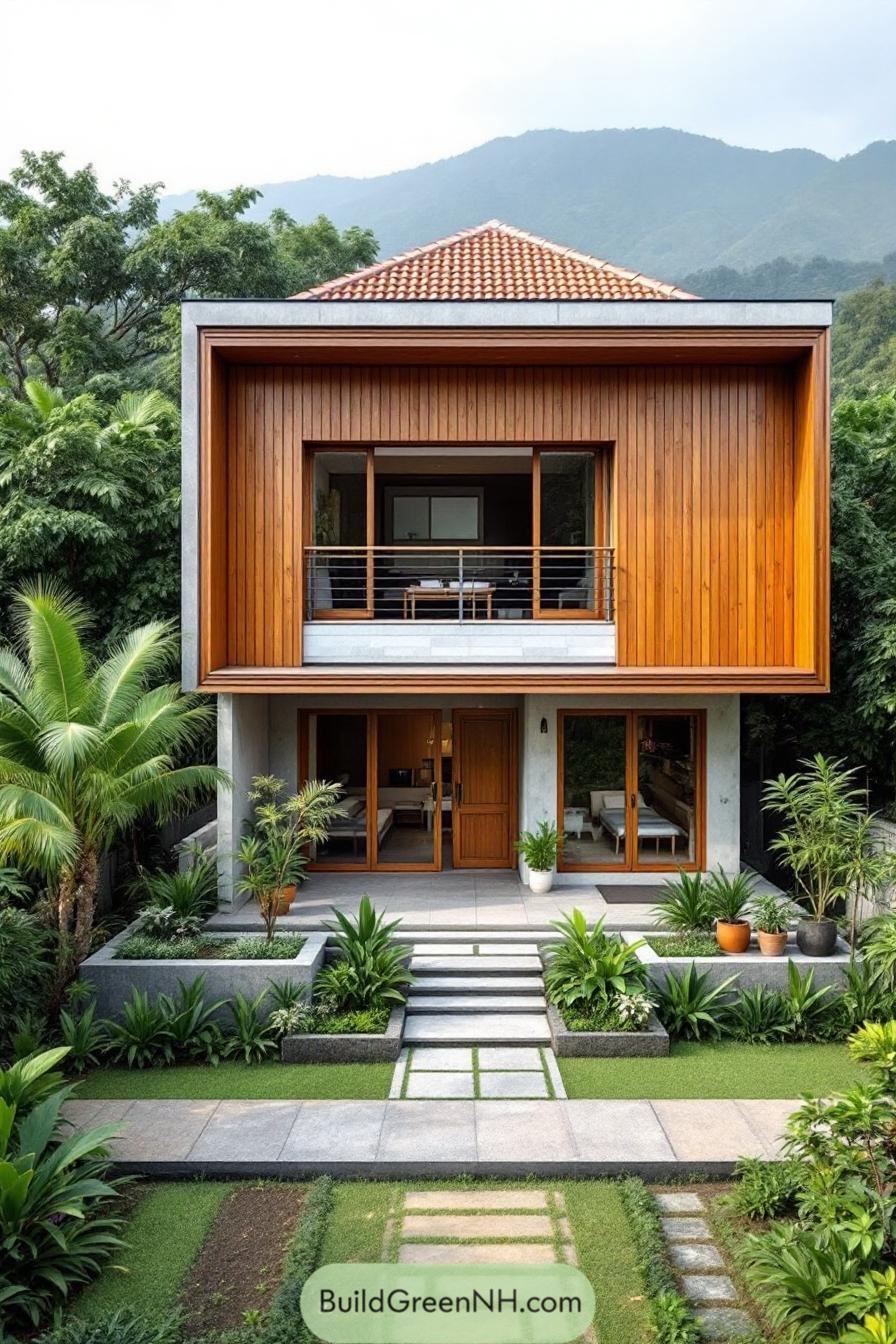Modern tropical house with wooden façade and lush garden