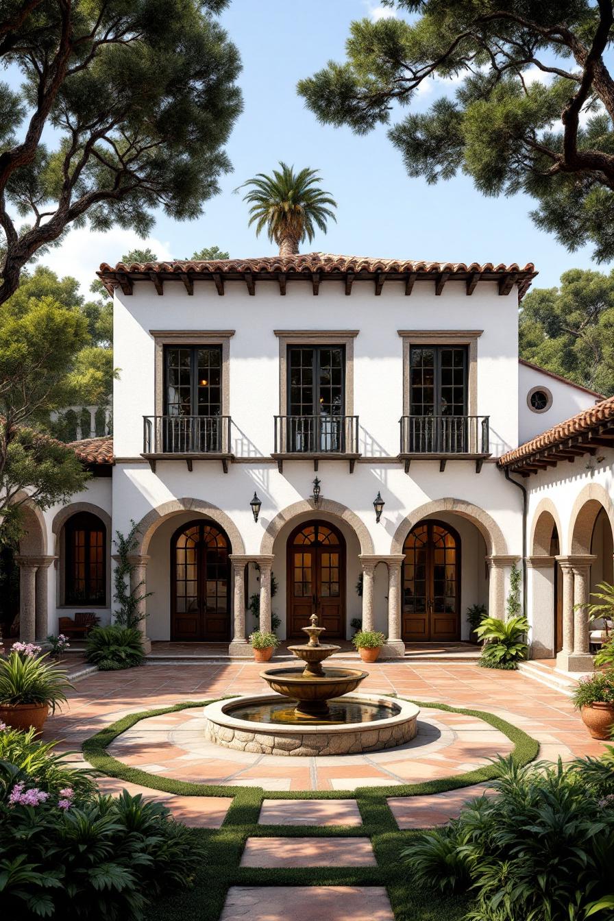 Arched windows and a central fountain in a Spanish courtyard