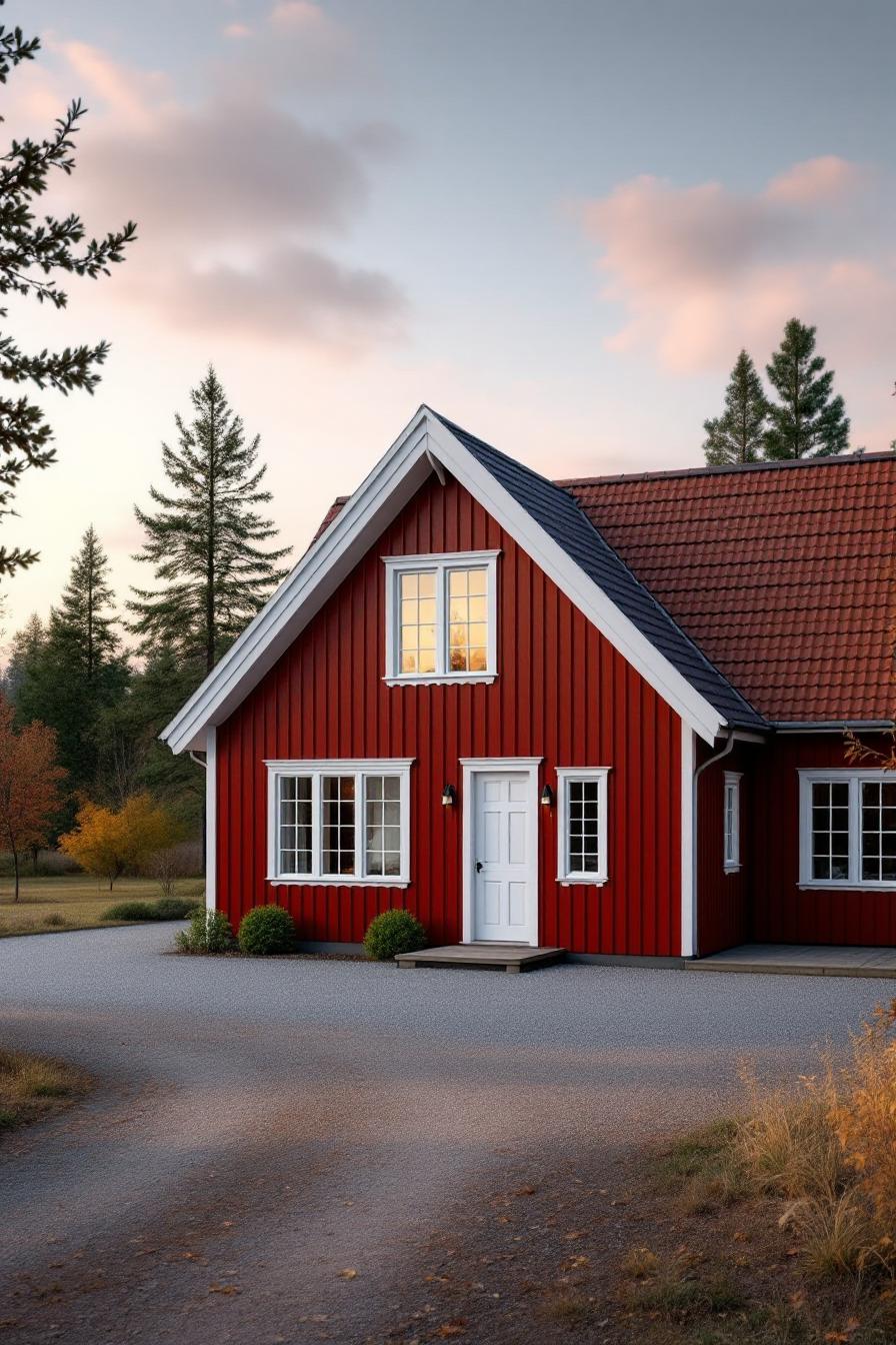 Traditional red Swedish cottage with white trim