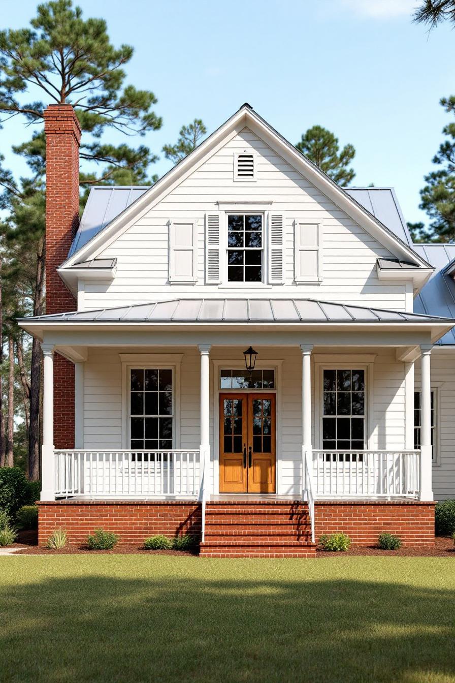 White house with a spacious porch and red brick accents