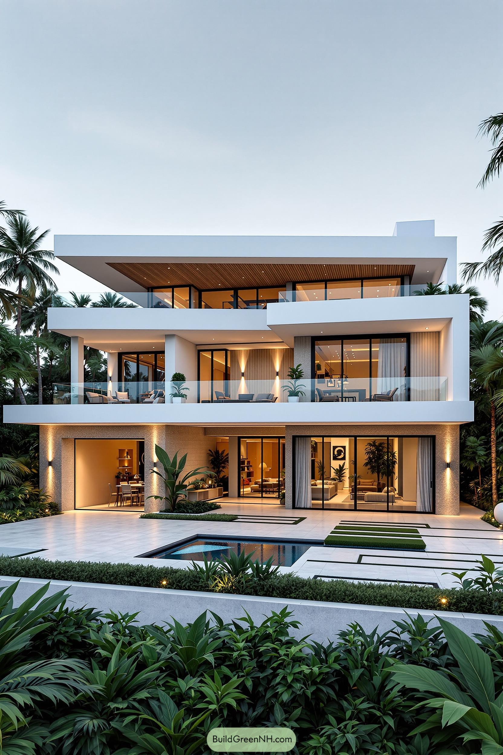 Three-story modern mansion with large windows, surrounded by palm trees