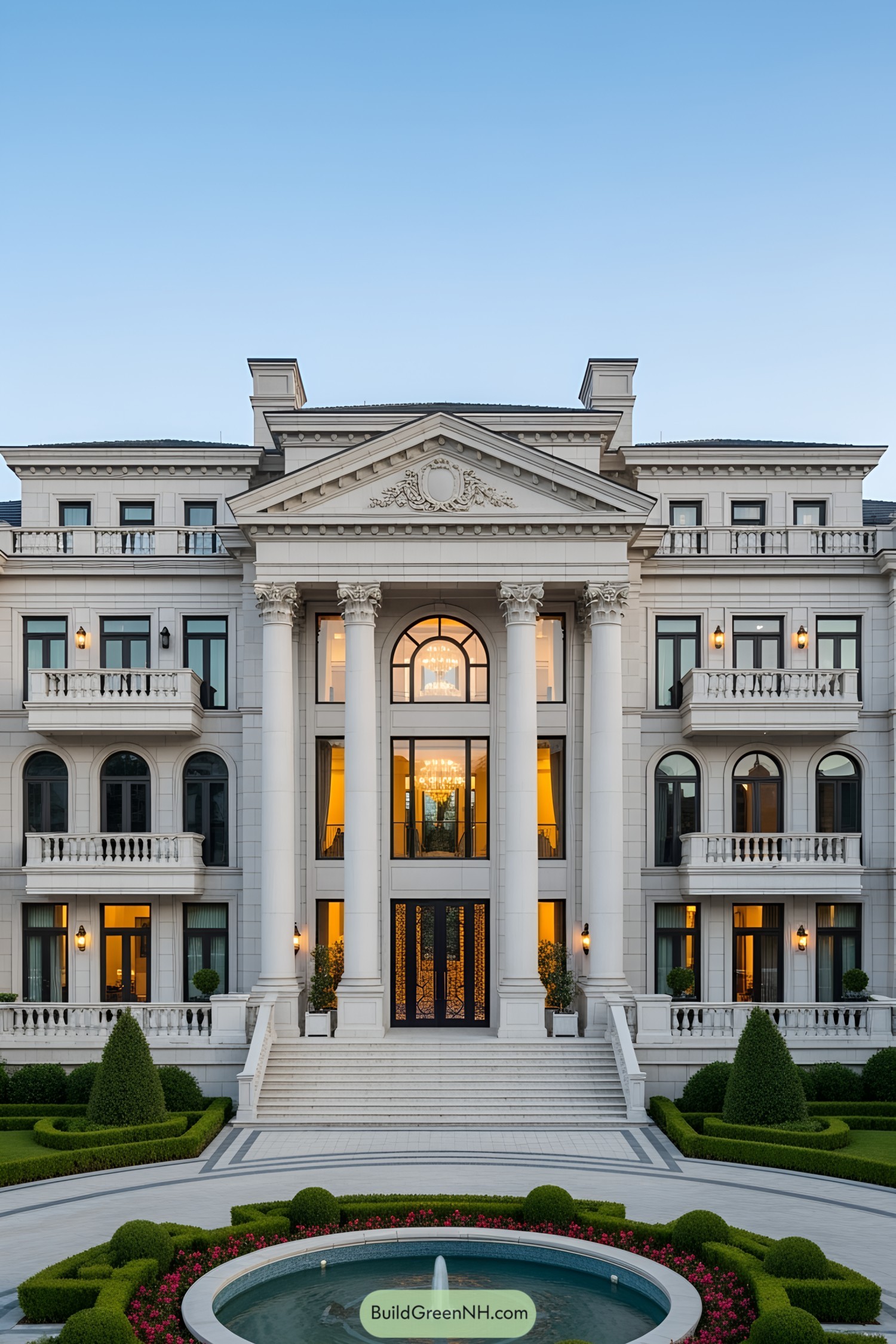 Grand estate with columns and fountain in front