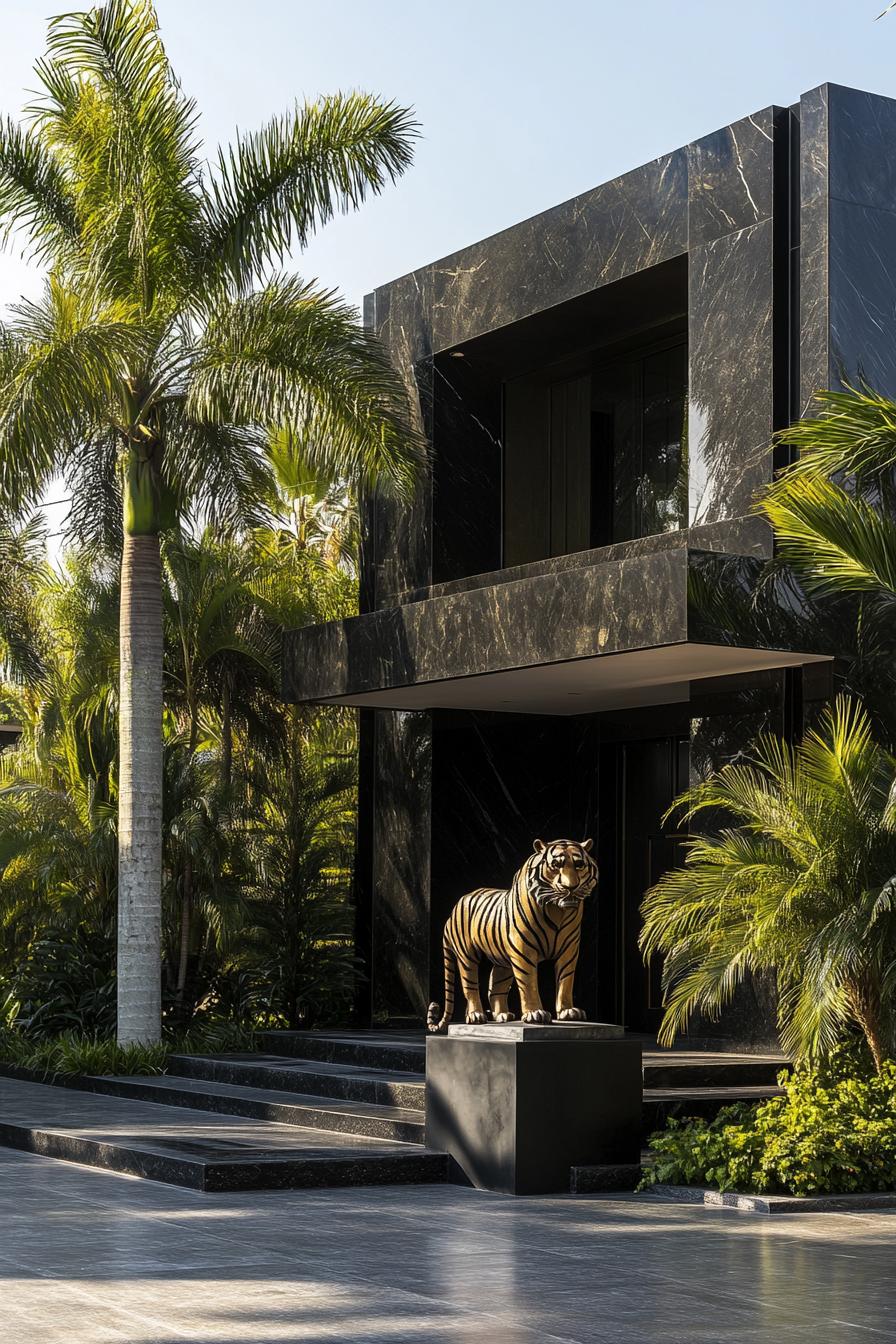 Modern black marble house with a tiger statue and palm trees