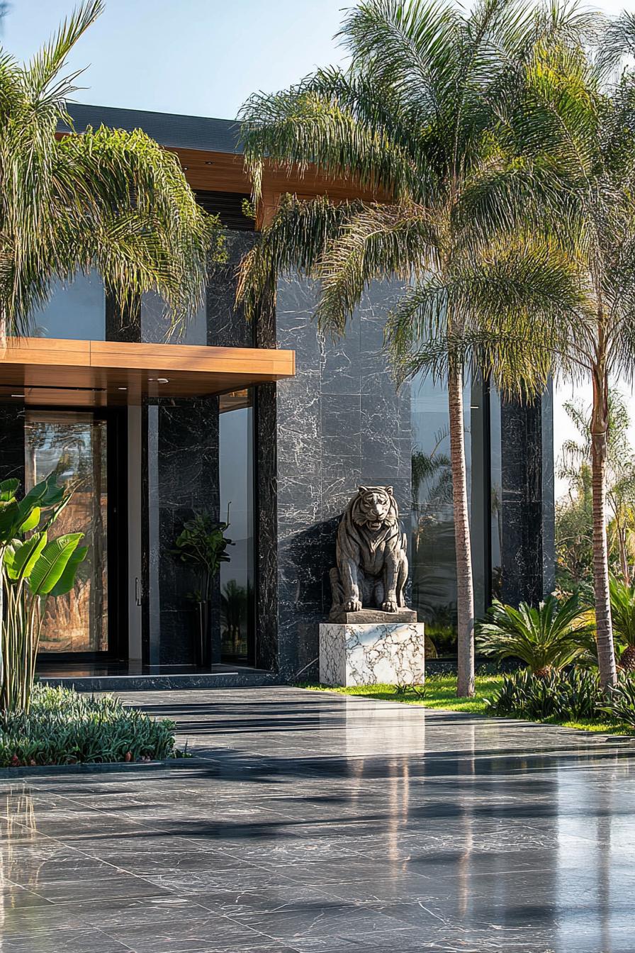 Luxurious black marble house entrance with a lion statue