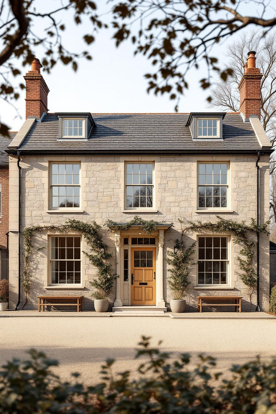 Quaint stone house with symmetrical windows and door