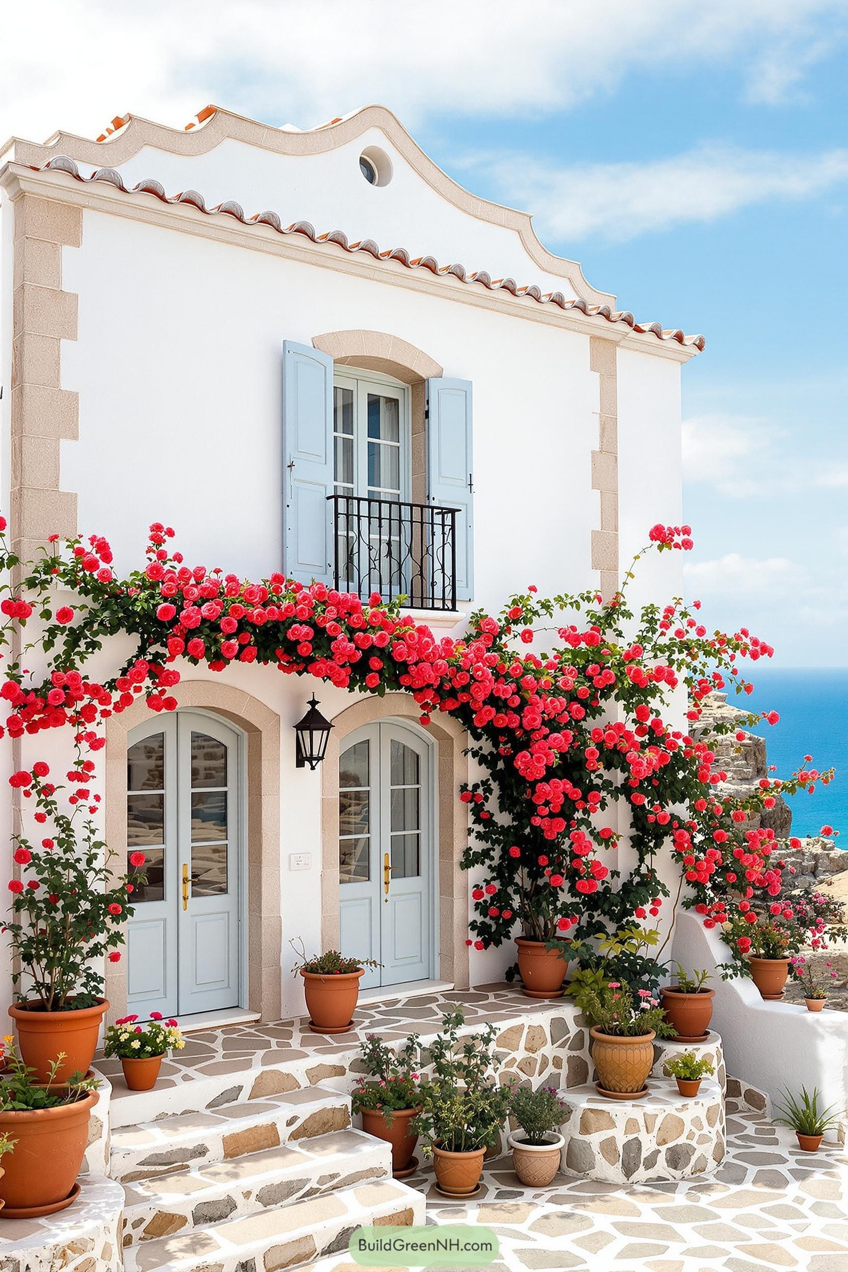 Greek cottage with bright flowers and ocean view