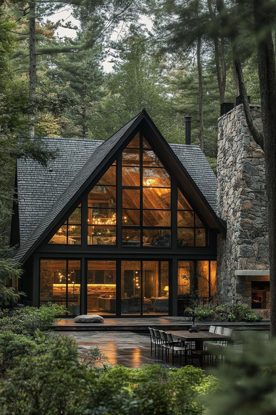 A-frame cabin nestled among trees with a stone chimney