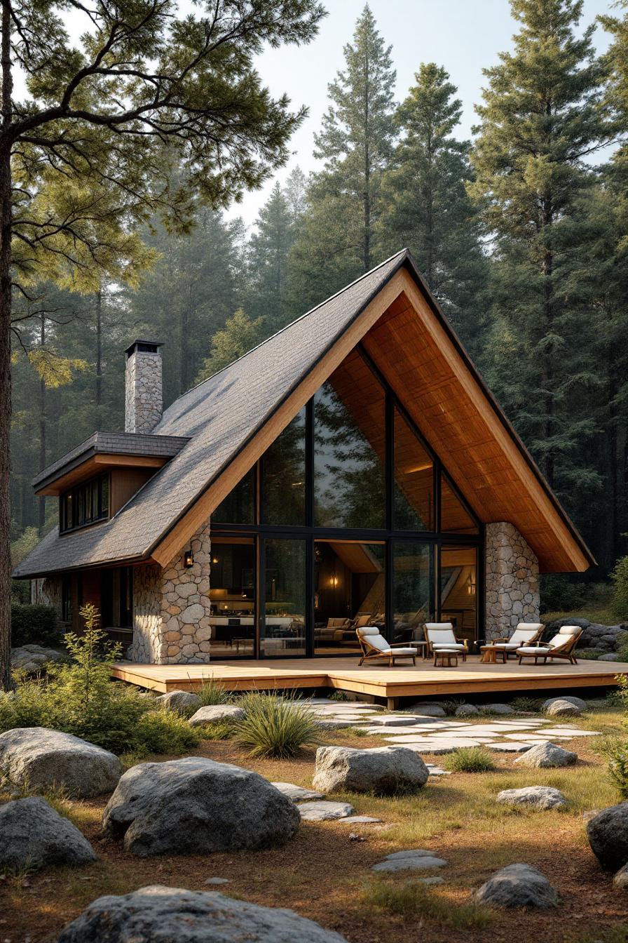 A-frame cabin with large glass windows in a forest setting