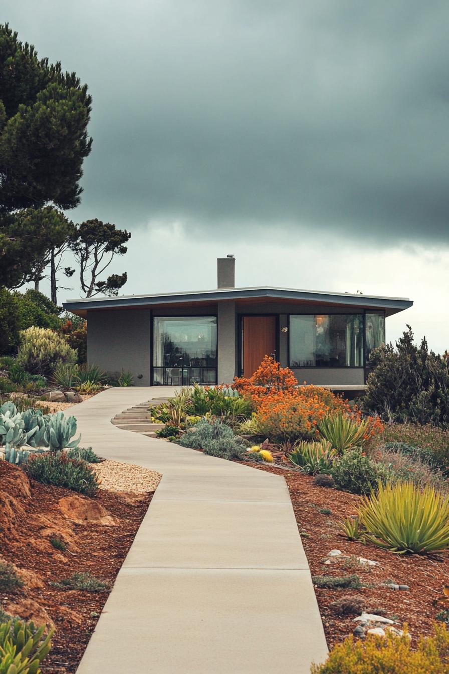 Charming bungalow fronted by a winding path and surrounded by lush landscaping