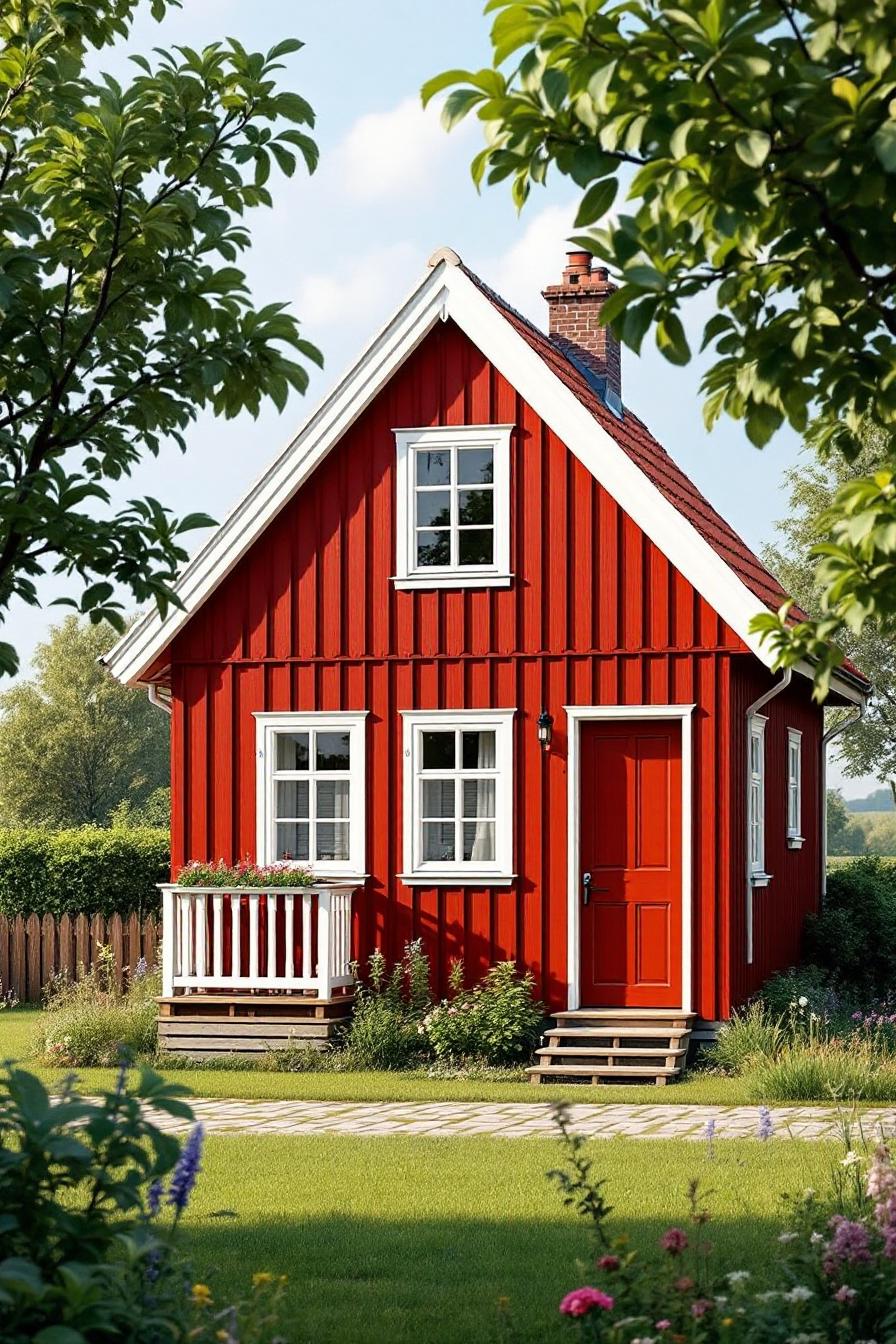Red cottage with white trim in a lush garden setting