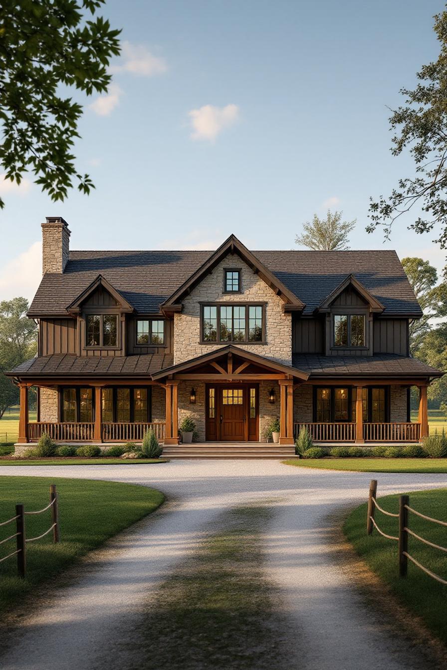 Front view of a charming country house with a wraparound porch and gabled roof