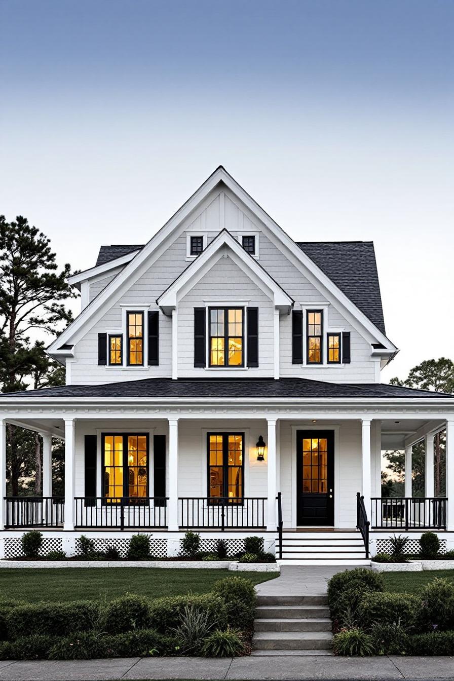 Classic white cottage with warm glowing windows