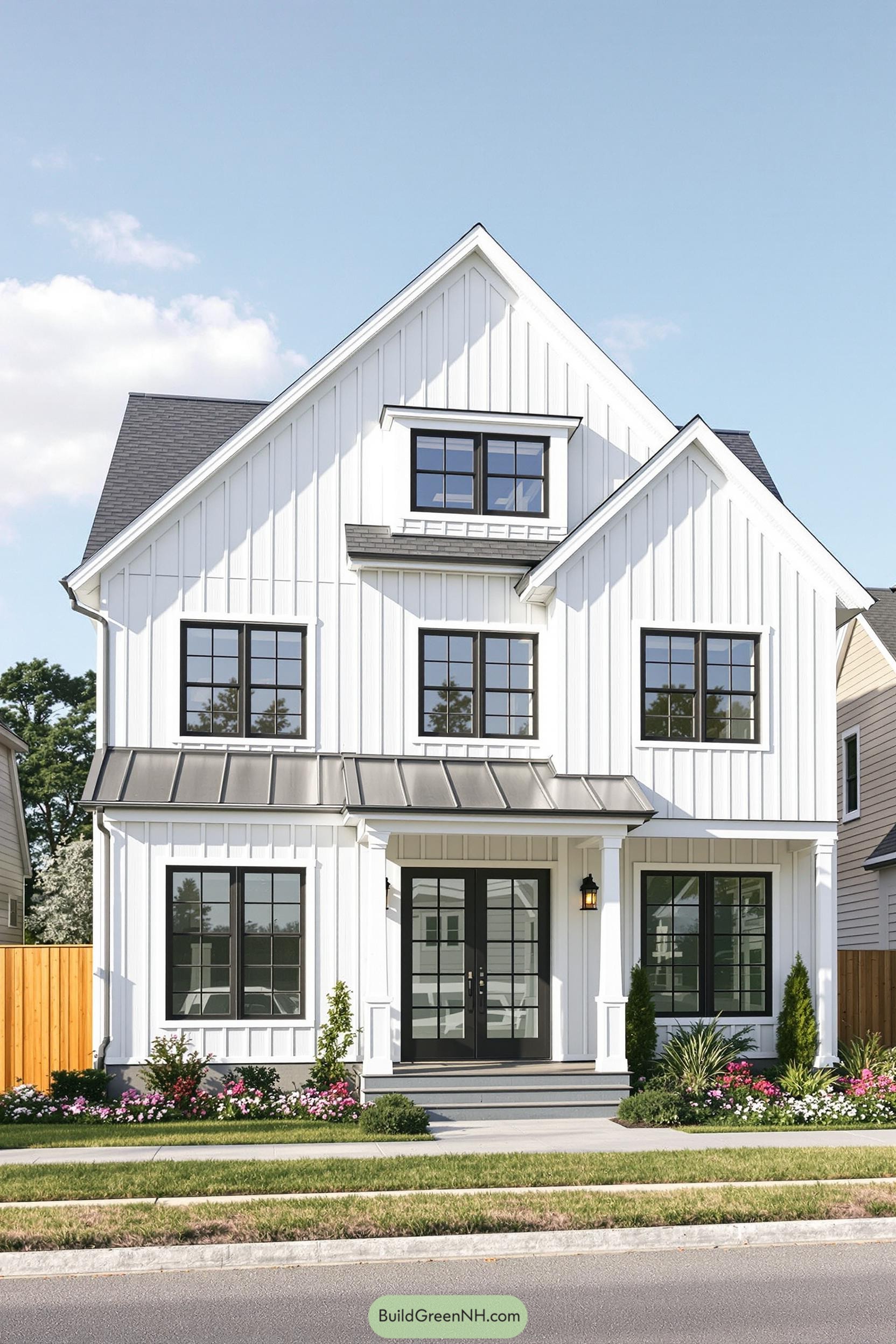 Charming white farmhouse with a metal roof and large windows