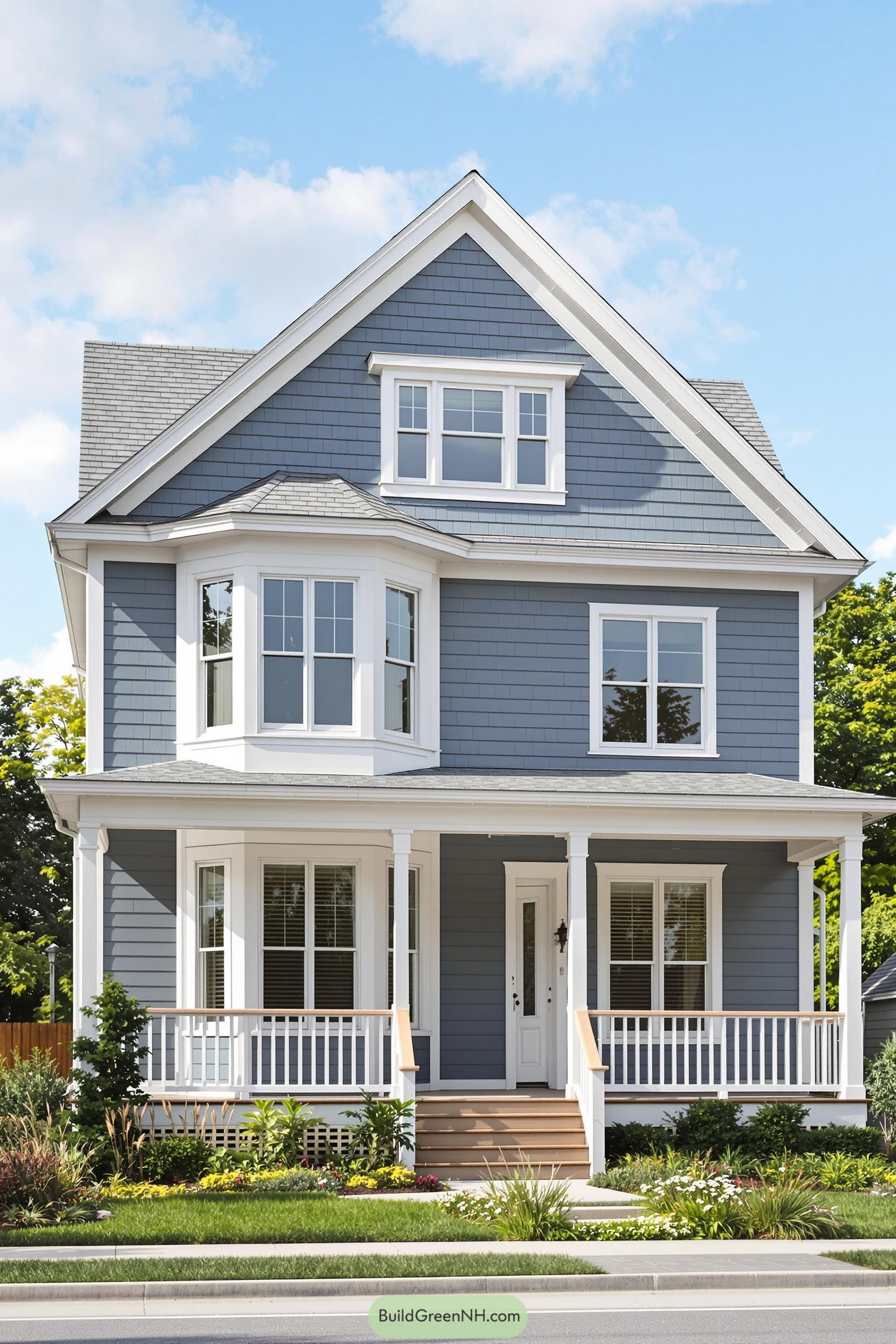 A blue country house with white trim and a welcoming porch