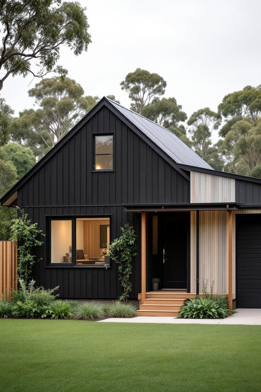 Black modern house among trees