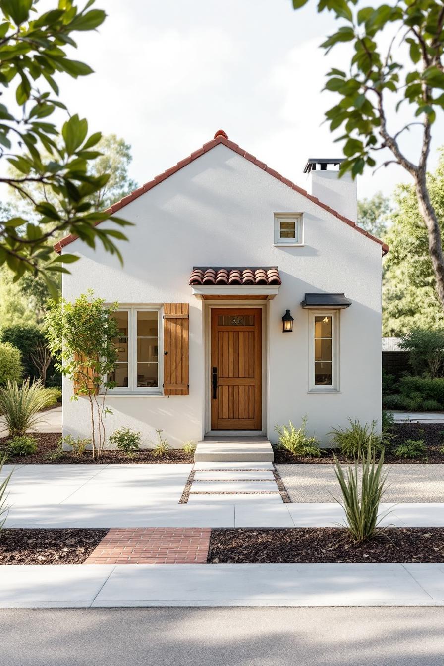 White cottage with wooden door, tile roof, and tidy landscaping