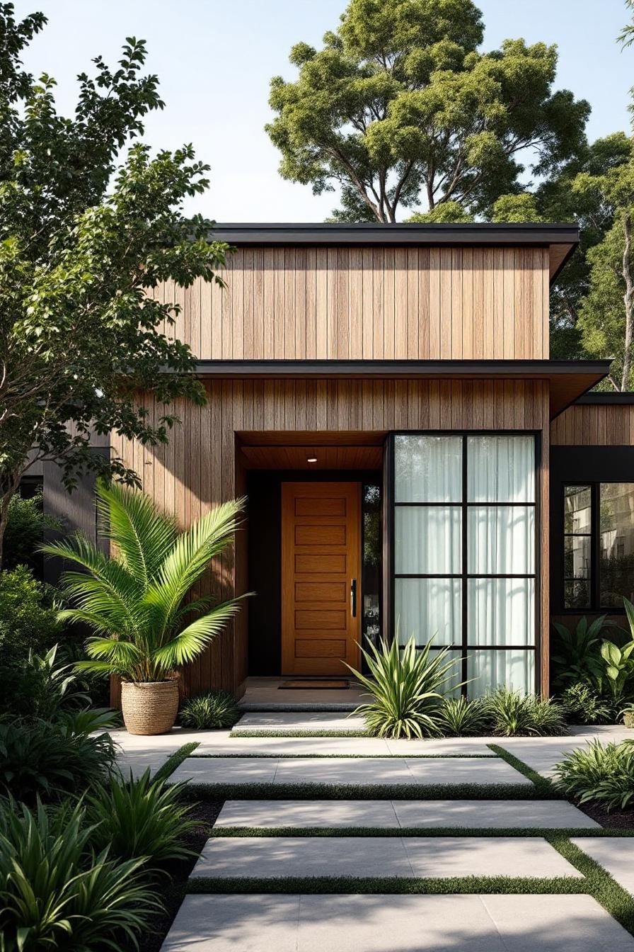 Californian bungalow with wooden facade and lush greenery