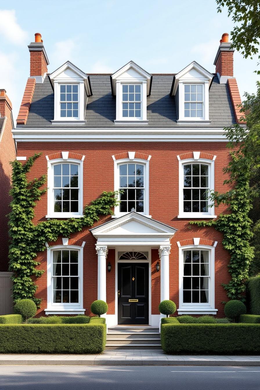 Charming brick cottage with columned entrance and dormer windows