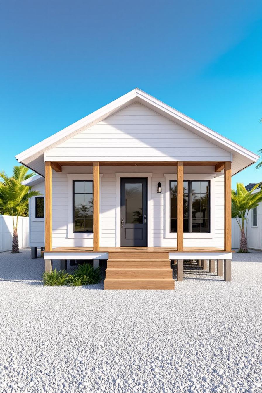 White cottage with wooden porch and palm trees