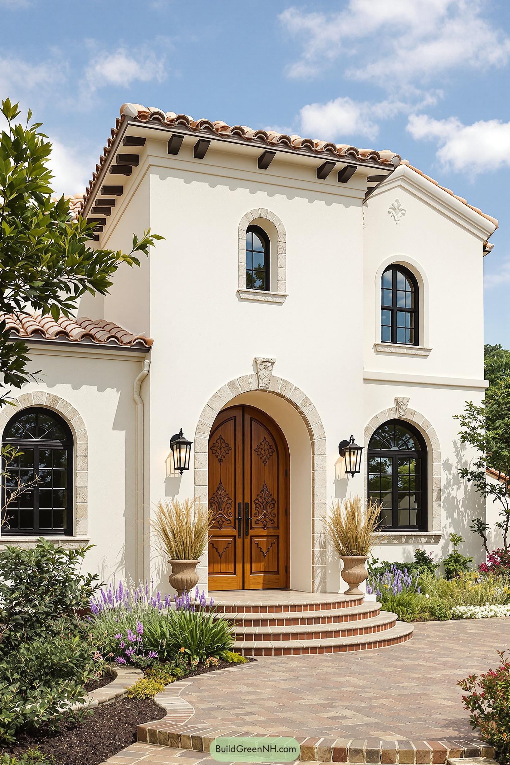 Tuscan cottage with arched door and lush garden