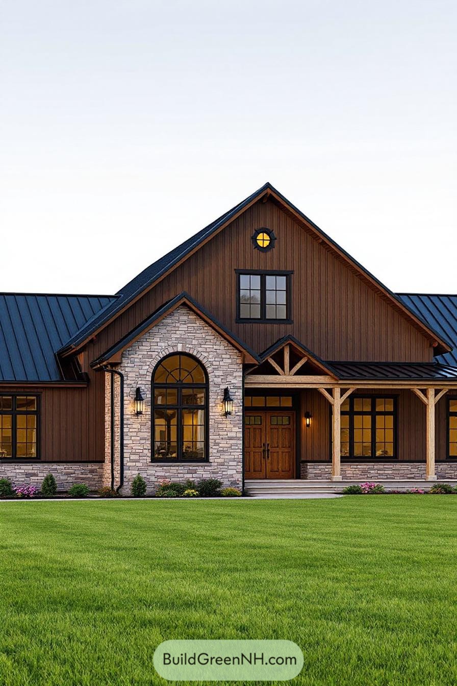 A modern barn-style home with a lush lawn