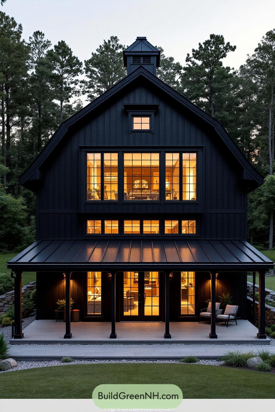 A striking black barndominium with warm glowing windows