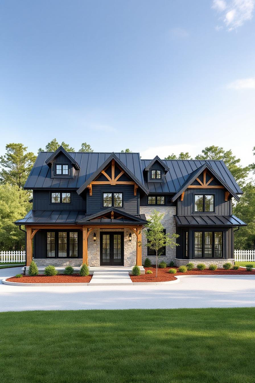 Modern country house with prominent black roof and wooden beams