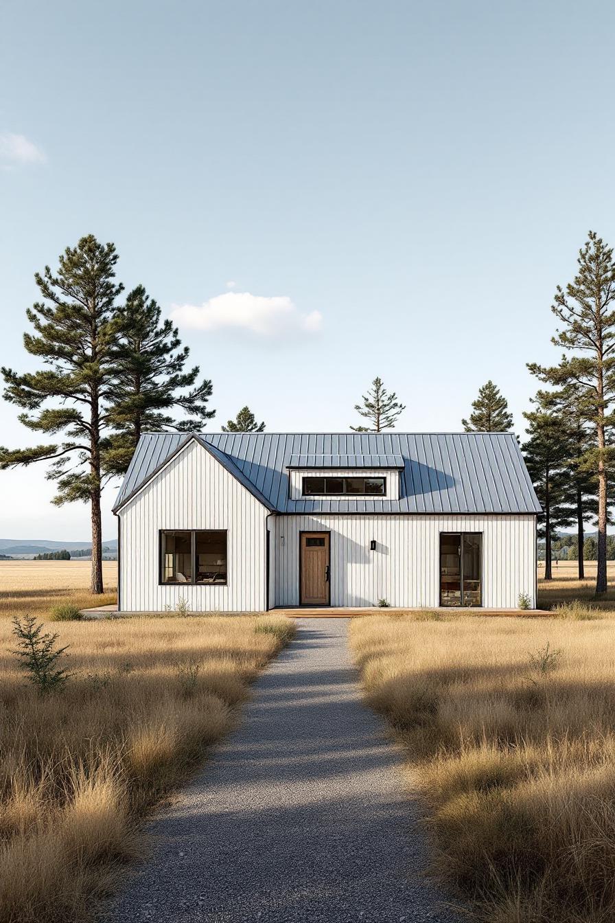 White cottage in an open field under a clear sky