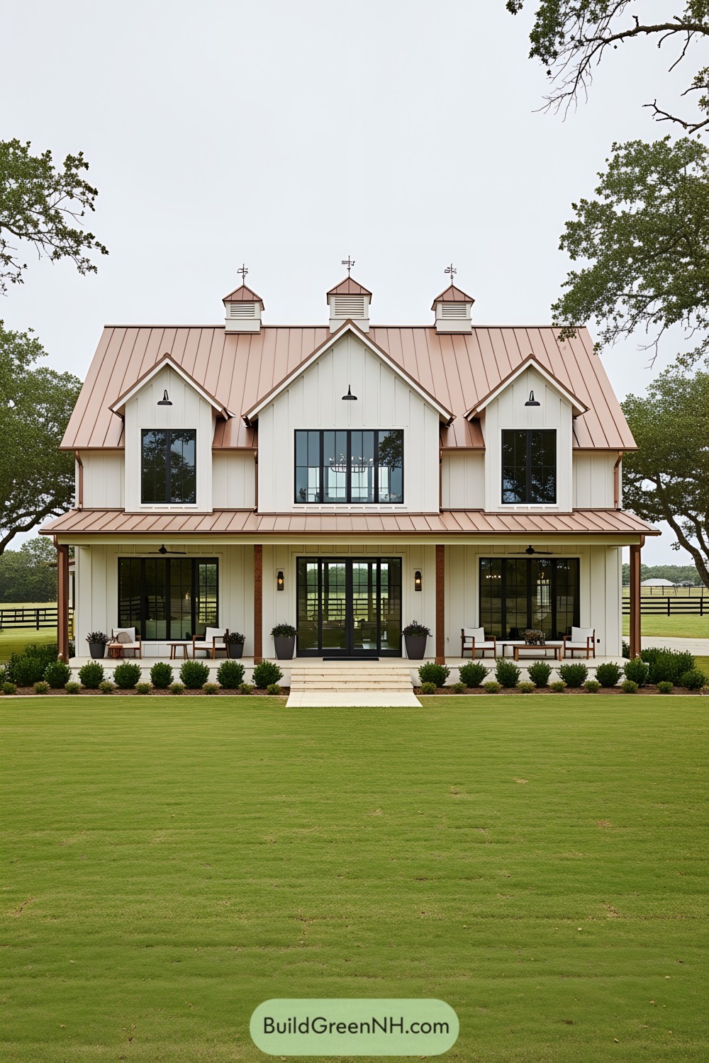 A stylish barndominium with a copper roof and large windows