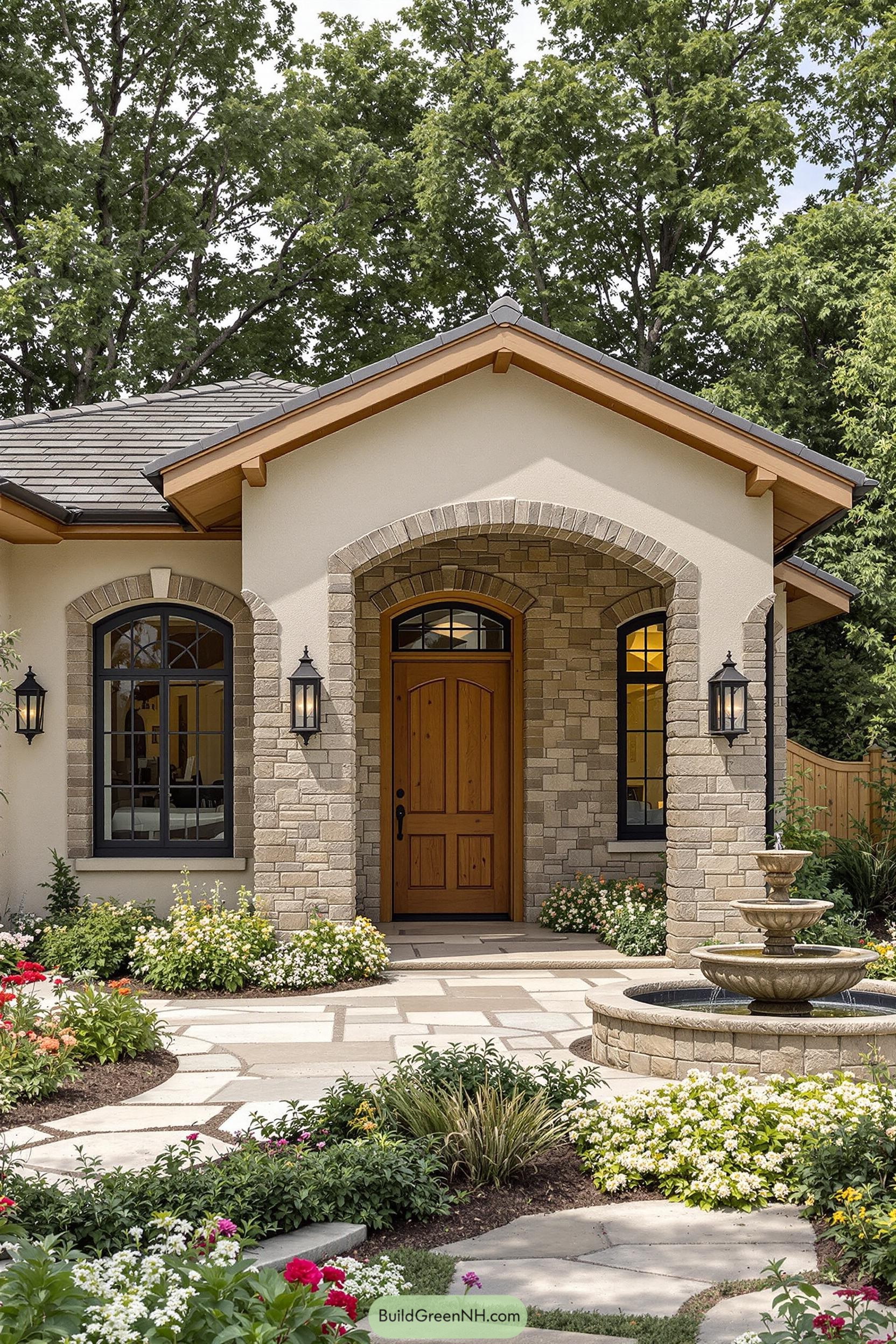 Small Tuscan house with a stone entrance and fountain