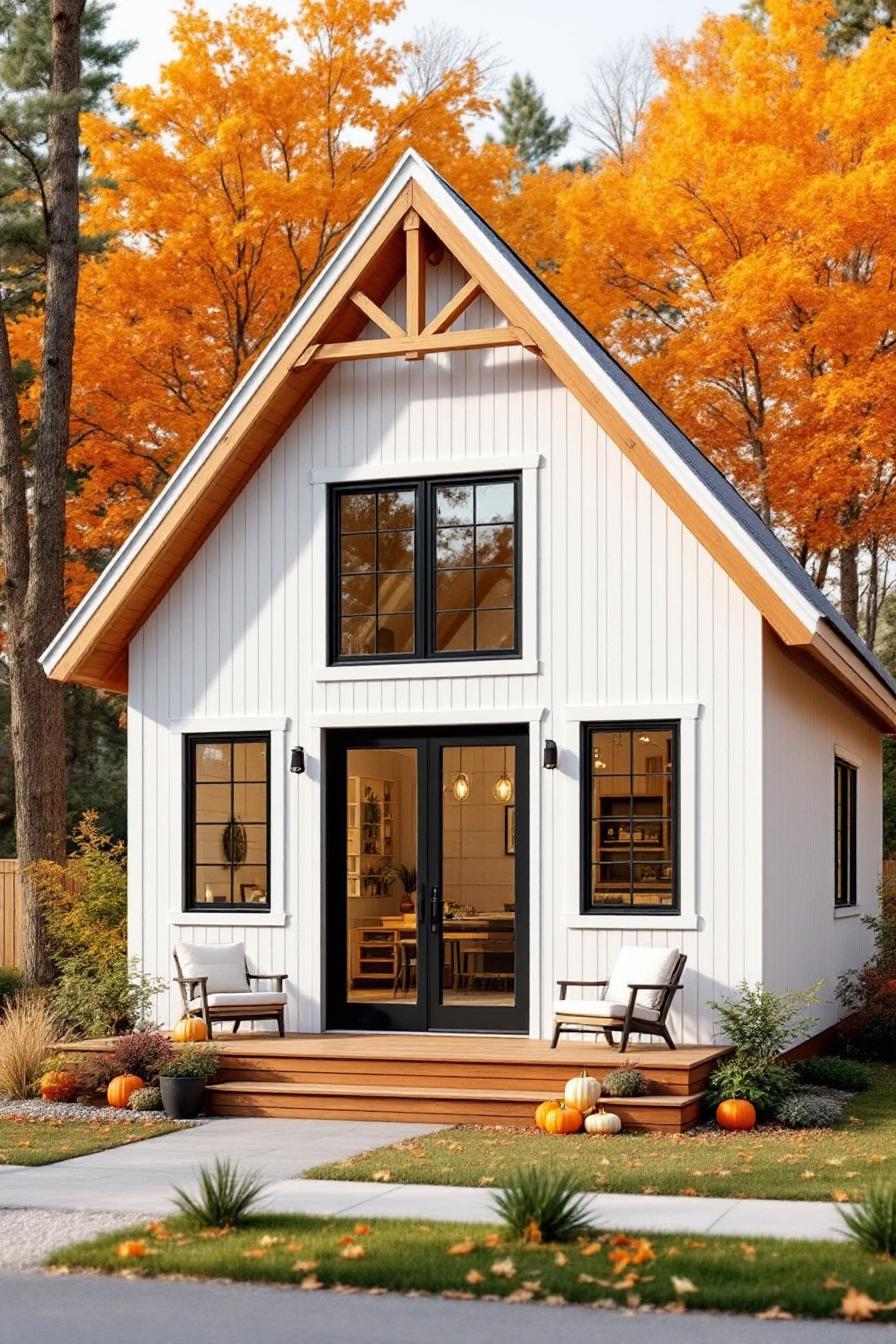 Small white barndominium adorned with fall decorations