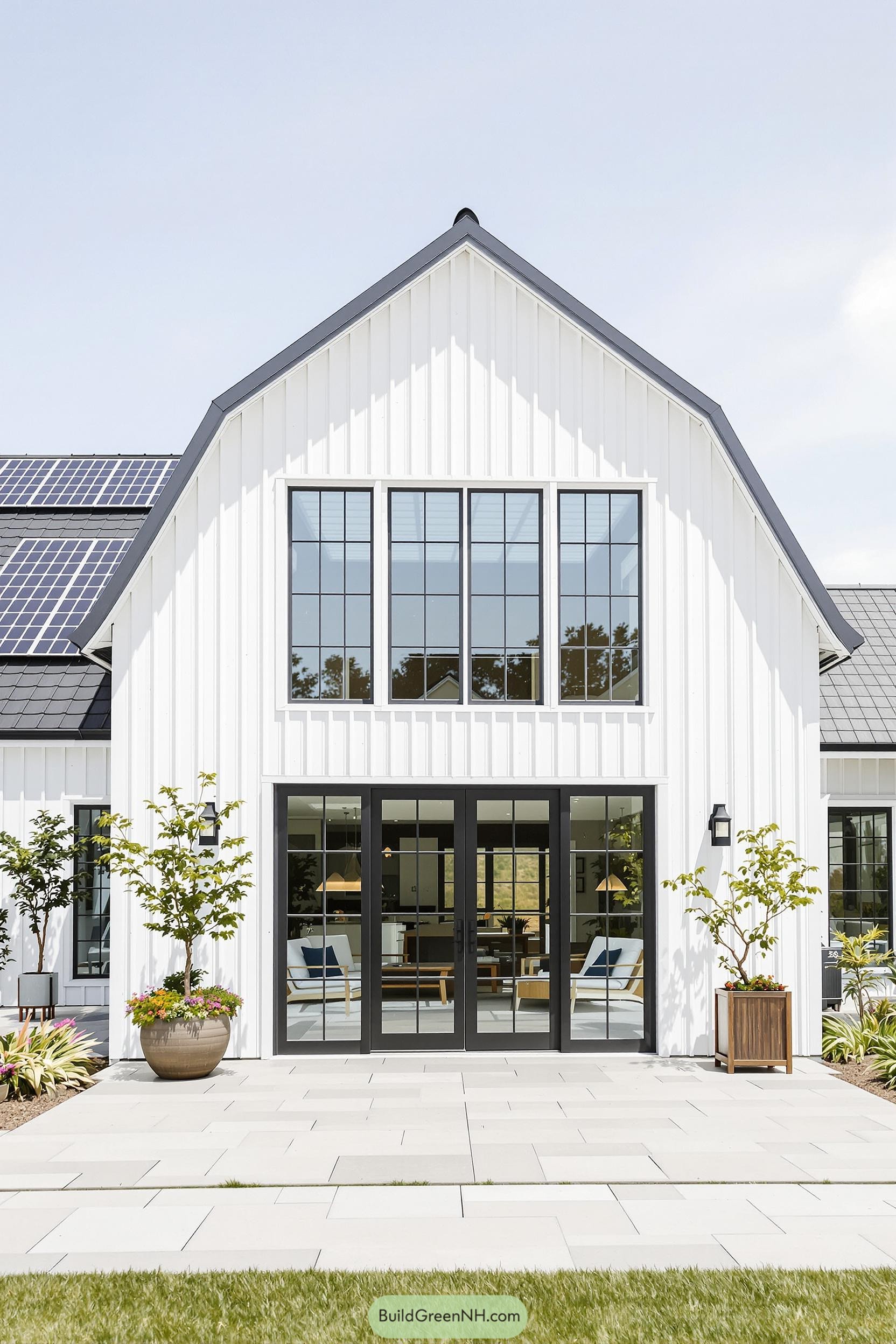 White barndominium with large windows and patio