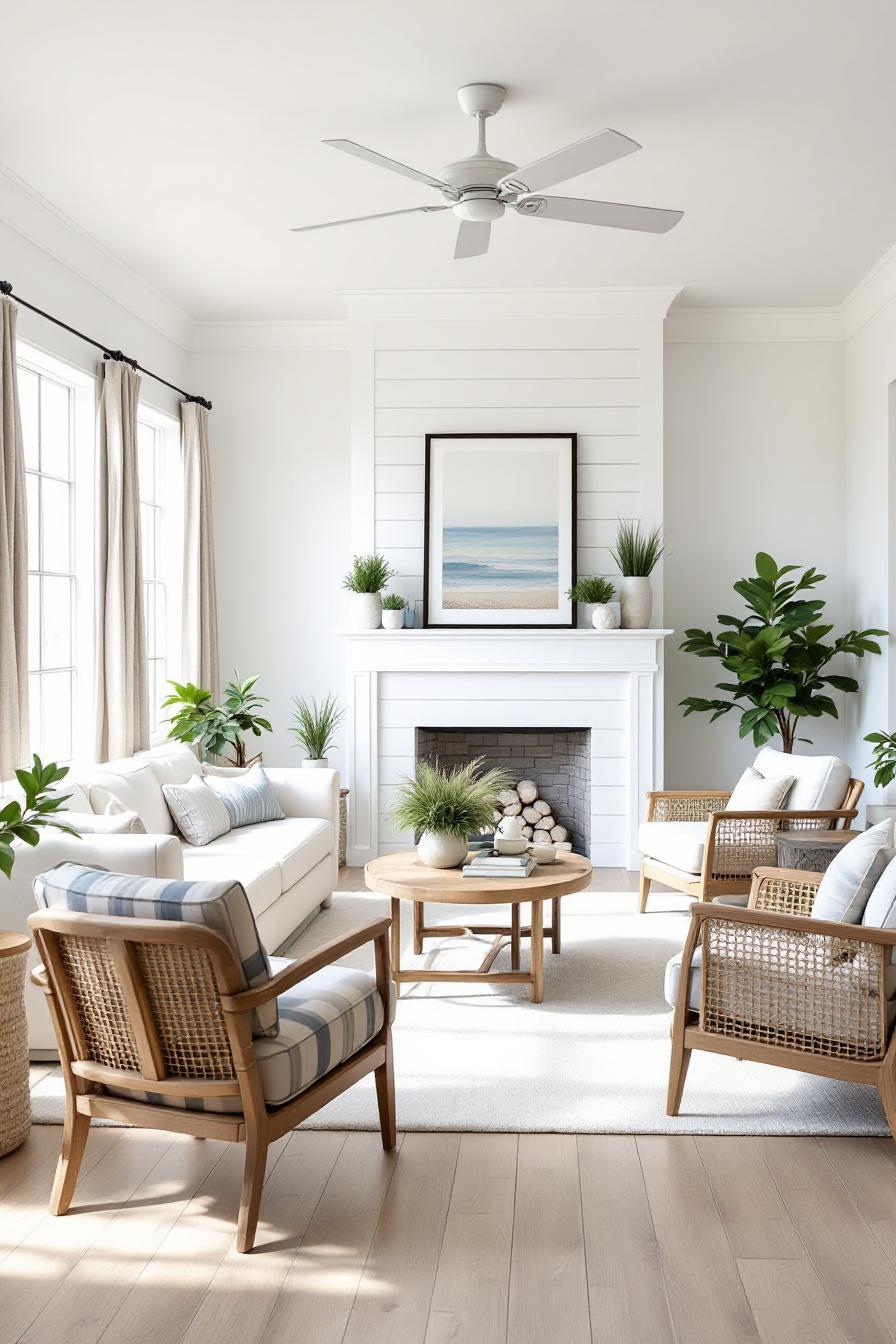 Bright, airy farmhouse living room with cozy seating and green plants