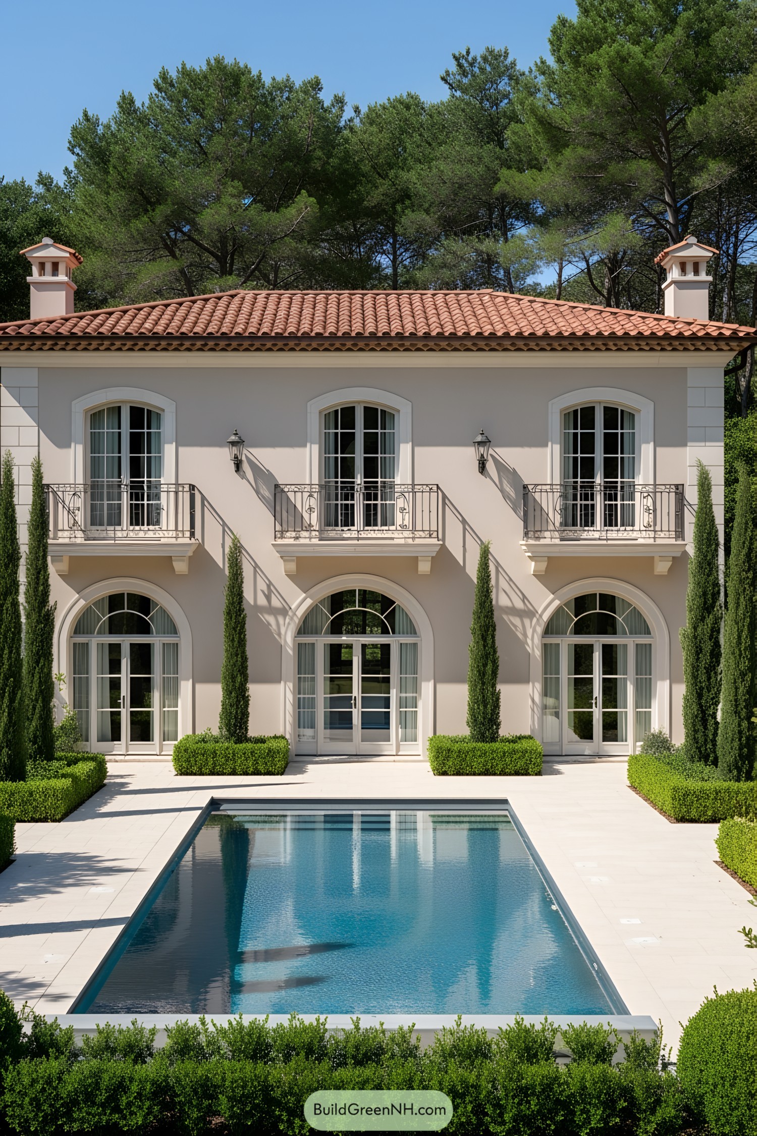 Opulent villa with pool and cypress trees