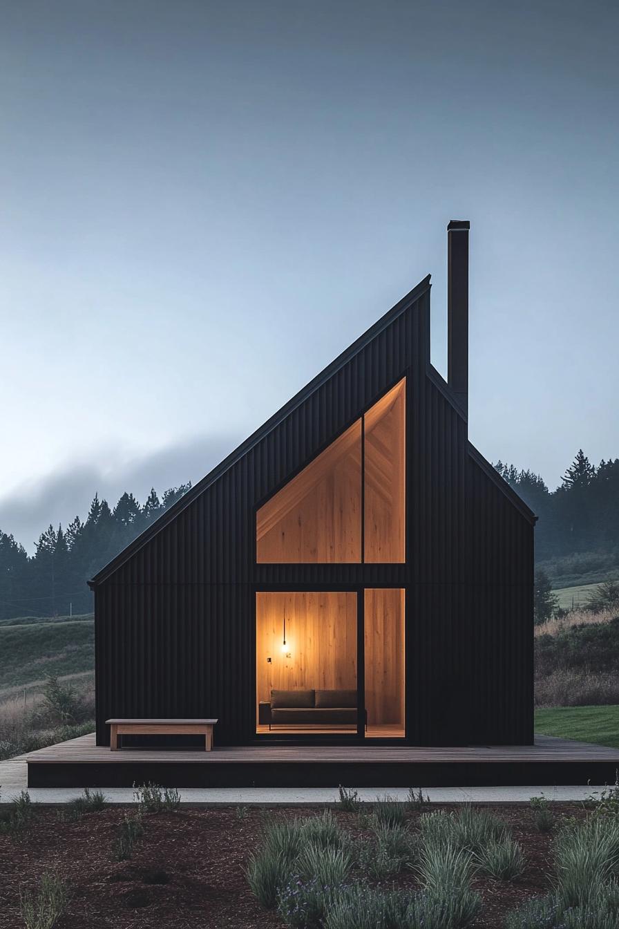 Modern cabin with a sharp triangular roof and large glass windows, illuminated from within