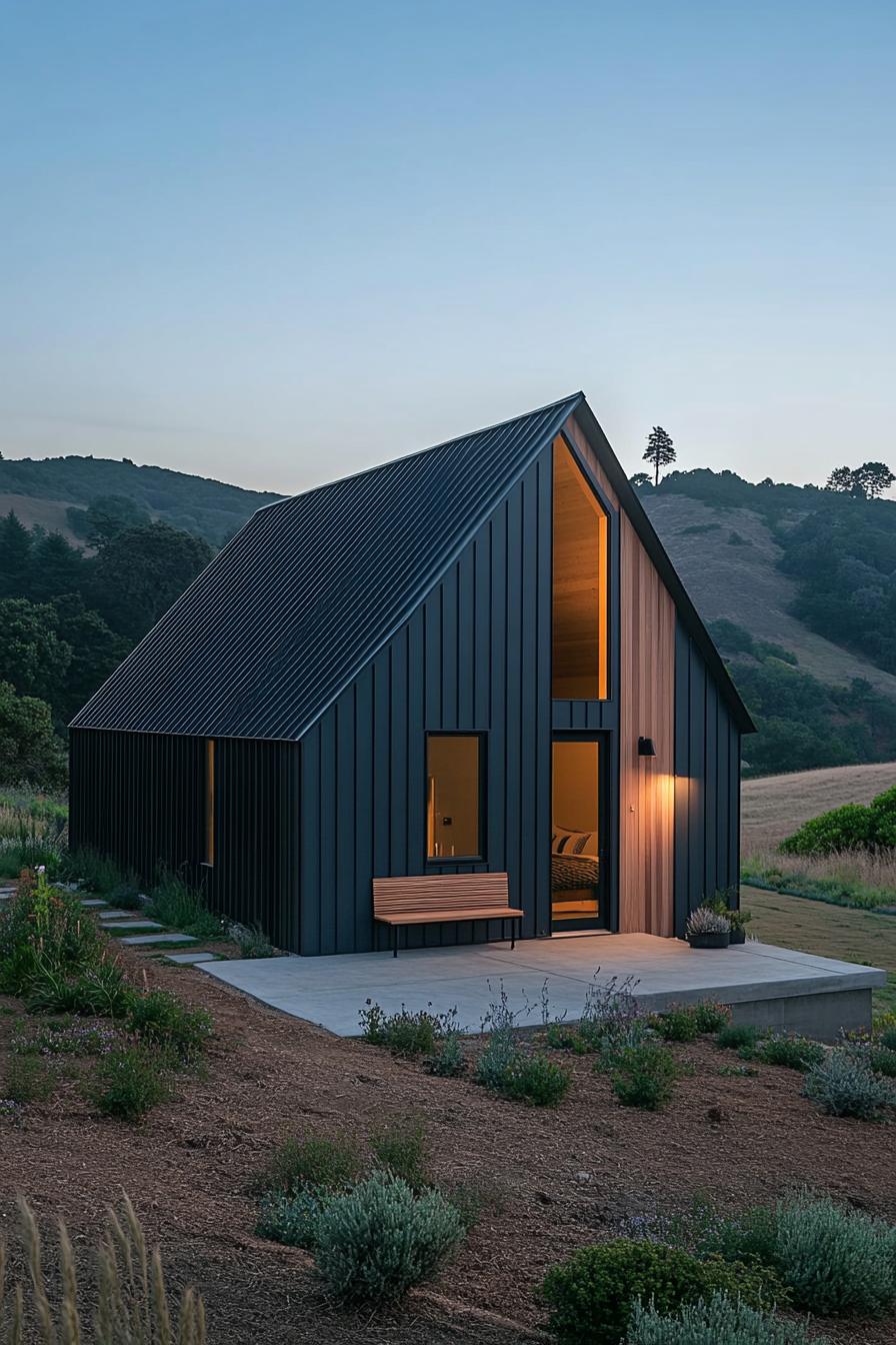 Modern cabin with dark exterior in a serene landscape