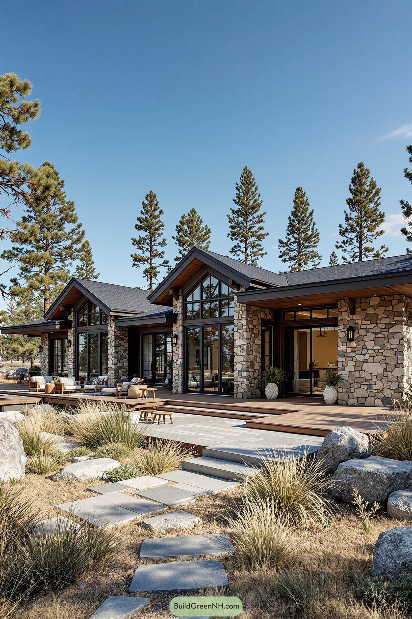 Luxury stone ranch house with large glass windows