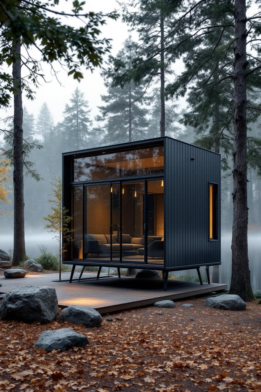 Small black micro house with large windows surrounded by trees