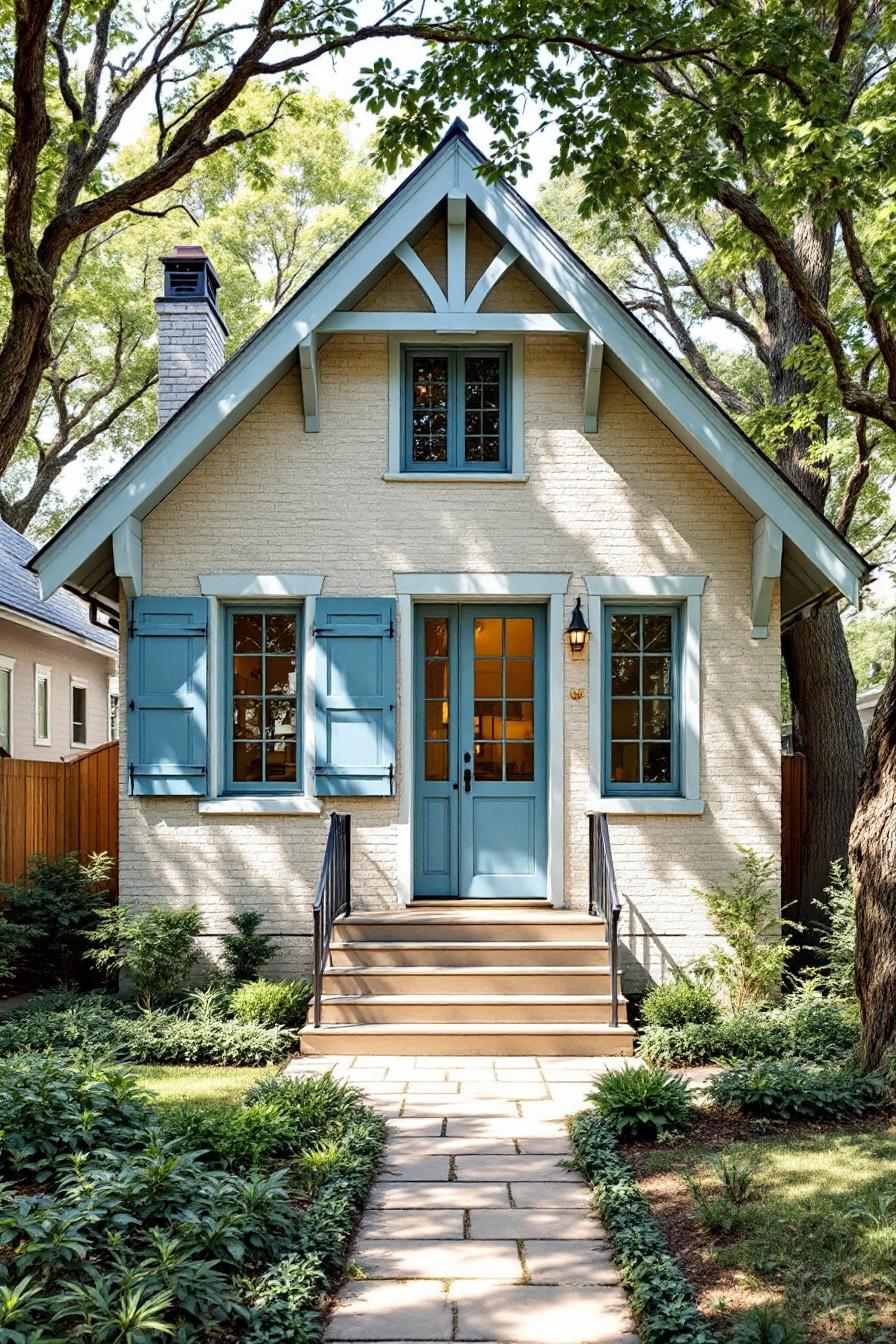 Charming Craftsman bungalow with blue accents under lush trees