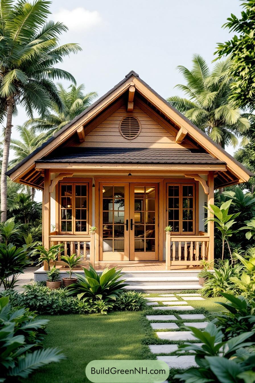 Small tropical house surrounded by lush greenery
