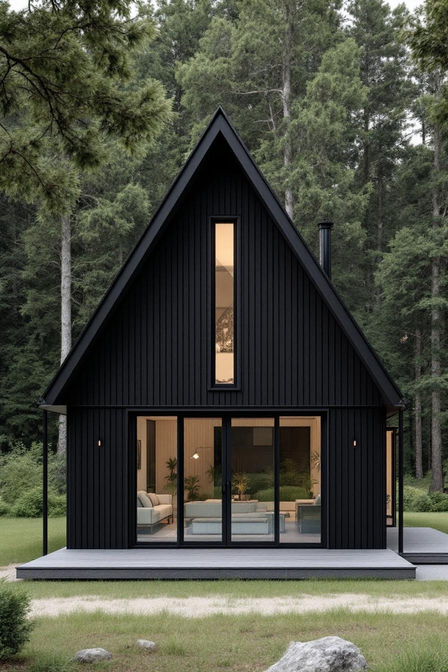 Black A-frame house with large windows surrounded by trees