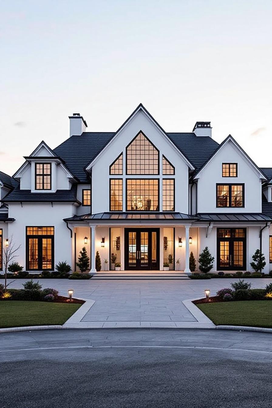 Elegant farmhouse mansion bathed in soft exterior lighting