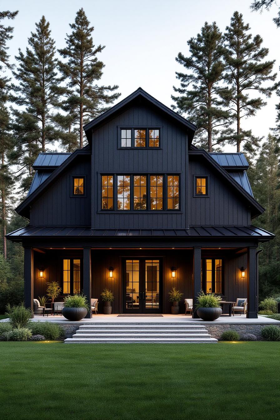 Chic black barndominium in forest setting